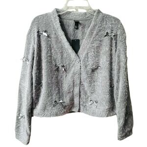 Wild Fable Light Gray Fuzzy V Neck Bow Embellished Cardigan Small New